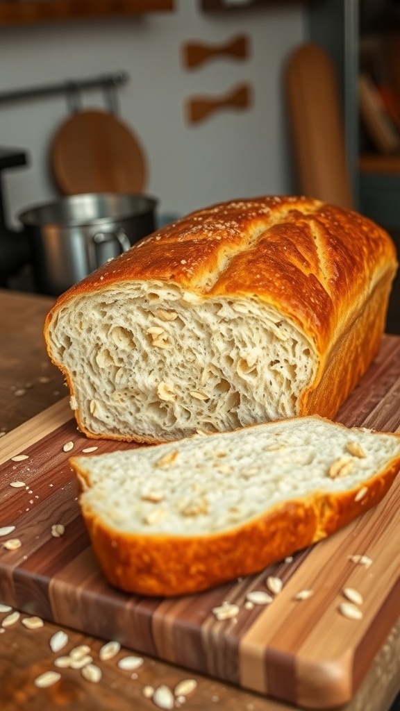A loaf of homemade 647 bread, sliced to reveal its soft texture, on a wooden board with oats.
